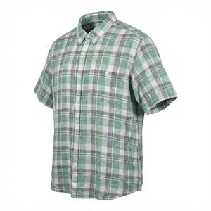 Weatherproof Vintage Mens XXL Green Plaid Linen Cotton Button Up Shirt Summer